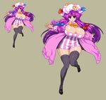  black_footwear black_legwear blue_bow bow bowtie breasts brown_background capelet cleavage crescent crescent_moon_pin dress hair_bow hat huge_breasts leg_up long_hair long_sleeves looking_at_viewer mob_cap outstretched_arms patchouli_knowledge pink_hat pixel_art purple_eyes purple_hair red_bow shoes sidelocks simple_background solo striped striped_dress takorin thick_thighs thighhighs thighs touhou wide_sleeves yellow_neckwear 