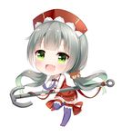  :d anchor azur_lane bangs blush brown_scrunchie chibi collared_shirt commentary_request dress eyebrows_visible_through_hair fang full_body glowworm_(azur_lane) green_eyes green_hair hair_ornament hair_scrunchie hat holding linhe_de_chuangzi long_hair long_sleeves low_twintails no_shoes open_mouth purple_legwear red_dress red_hat red_ribbon ribbon scrunchie shirt simple_background smile solo standing standing_on_one_leg thighhighs twintails very_long_hair white_background white_shirt 