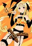  belt beltskirt blonde_hair blush brown_eyes collar fate_testarossa fishnets hair_ribbon halloween long_hair lyrical_nanoha mahou_shoujo_lyrical_nanoha ribbon solo thighhighs twintails wadapen 