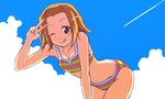  ;q bare_shoulders bent_over bikini brown_eyes brown_hair hairband k-on! kiyune navel one_eye_closed salute short_hair smile solo striped striped_bikini striped_swimsuit swimsuit tainaka_ritsu tongue tongue_out v 