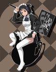  apron arashiyama_hotori black_hair brown_eyes dress dress_lift garter_straps highres legs maid maid_headdress md5_mismatch short_hair side_ponytail sign solo soredemo_machi_wa_mawatteiru taono_kinoko thighhighs 