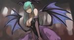  :p animal_print bare_shoulders bat_print breasts green_eyes green_hair head_wings large_breasts long_hair morrigan_aensland pantyhose print_legwear solo tea_(nakenashi) tongue tongue_out vampire_(game) 