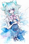  blue_eyes blue_hair bow cirno dress hair_bow miri_(tobira_no_mukou) short_sleeves solo touhou traditional_media watercolor_(medium) wings 