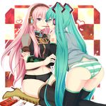  aqua_nails ass black_panties blue_eyes eye_contact food green_hair hatsune_miku long_hair looking_at_another megurine_luka multiple_girls nail_polish no_pants nuko_(mikupantu) panties pink_hair pocky pocky_kiss shared_food striped striped_panties thighhighs twintails underwear very_long_hair vocaloid yuri 