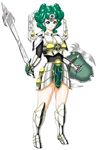  alternate_costume armor blue_eyes boots circlet curly_hair dragon_quest dragon_quest_iv earrings gauntlets green_hair heroine_(dq4) jewelry shield short_hair smile solo somaria spoilers sword weapon 