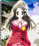  black_hair elysia_de_lute_ima grey_eyes hair_ornament kami_nomi_zo_shiru_sekai long_hair nakamura_beta ponytail ribbon school_uniform skull_hair_ornament solo 