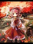  ankle_lace-up autumn bad_id bad_pixiv_id bondson bow broom cosplay cross-laced_footwear detached_sleeves hair_bow hairband hakurei_reimu hakurei_reimu_(cosplay) heart komeiji_satori leaf letterboxed looking_at_viewer no_nose pink_hair red_eyes short_hair smile solo standing touhou 