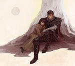  1boy 1girl armor bad_id bad_pixiv_id berserk berserker_armor black_armor casca_(berserk) couple douzen good_end guts_(berserk) hetero highres hug one_eye_closed prosthesis realistic sleeping tree 