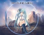  aqua_hair bandaid boots bow character_name h016 hair_bow hatsune_miku high_heels kunreishiki long_hair necktie shoes sitting skirt solo twintails very_long_hair vocaloid 