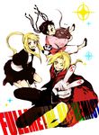  2girls black_hair blonde_hair braid edward_elric fullmetal_alchemist grin kuwahara_souta may_chang multiple_braids multiple_girls one_eye_closed panda ponytail smile v winry_rockbell xiao-mei 