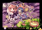  4girls :d bad_id bad_pixiv_id black_legwear blue_hair book border breasts broom broom_riding brown_hair candy cleavage cloud crescent_moon food glasses grass green_eyes hair_ornament halloween happy_halloween hat highres holding holding_book horns jack-o'-lantern leaf lollipop long_hair medium_breasts moon multiple_girls night night_sky open_book open_mouth original outline pantyhose pumpkin purple_hair reading red_eyes sack sky smile star striped striped_legwear sweets swirl_lollipop tears thighhighs trick_or_treat usagihime wand witch_hat yellow_eyes 
