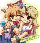  bow chain cuffs elroadmaster english fang hair_bow horn horns hoshiguma_yuugi ibuki_suika multiple_girls one_eye_closed pointy_ears touhou 