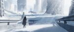  1girl absurdres asteroid_ill black_robe building debris footprints from_behind guard_rail highres ice iz_(asteroid_ill) light_particles long_hair long_skirt minimap original post-apocalypse railing robe ruins scenery skirt snow snowing solo very_long_hair walking white_hair winter 