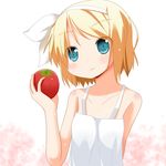 apple bare_shoulders body_blush camisole collarbone flat_chest food fruit holding holding_food holding_fruit kagamine_rin minami_(colorful_palette) ribbon simple_background solo vocaloid 