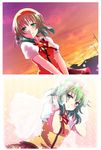  blush bow cinderella_school_(vocaloid) dutch_angle flower green_eyes green_hair gumi hairband image_sample kousetsu pixiv_sample pleated_skirt school_uniform short_hair skirt sky smile sunset veil vocaloid 