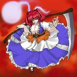  breasts cleavage hair_bobbles hair_ornament large_breasts onozuka_komachi red_eyes red_hair sandals scythe short_hair solo suwi tabi touhou two_side_up 