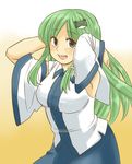  adjusting_hair armpits arms_up blue_eyes detached_sleeves frog green_hair hair_ornament kochiya_sanae koyama_shigeru long_hair open_mouth smile solo touhou 