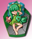  ahoge barefoot bed blush_stickers chibi cthulhu cthulhu-tan cthulhu_mythos deep_one drooling gradient gradient_background green_hair hair_over_eyes pillow sleeping stuffed_animal stuffed_toy 