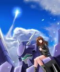  balgora boots brown_hair cloud day dog_tags green_eyes highres legs long_hair long_legs mecha military military_uniform setsuko_ohara super_robot_wars super_robot_wars_z thighs uniform wind windtalker 