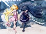  blonde_hair blue_hair dress gun holding_hands long_hair multiple_girls n-mori panty_&amp;_stocking_with_garterbelt panty_(psg) red_dress siblings sisters stocking_(psg) striped striped_legwear sword thighhighs torn_clothes traditional_media watercolor_(medium) weapon wind 