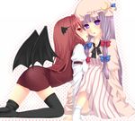  bad_id bad_pixiv_id bat_wings black_legwear crescent hat head_wings kabata_(mechisan) koakuma long_hair multiple_girls patchouli_knowledge purple_eyes purple_hair pussy_juice red_eyes red_hair thighhighs touhou wings yuri 