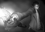  belt energy_sword greyscale grin h_hiroma jacket male_focus monochrome no_more_heroes smile solo sunglasses sword travis_touchdown weapon 