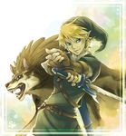  aiya_kyuu animal blonde_hair blue_eyes dual_persona earrings gloves hat holding holding_sword holding_weapon jewelry link link_(wolf) male_focus smile sword the_legend_of_zelda the_legend_of_zelda:_twilight_princess weapon wolf 