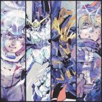  2boys banagher_links blonde_hair blood blue_eyes brown_hair commentary_request gundam gundam_unicorn highres kare_(0621utak) mecha multiple_boys normal_suit nt-d pilot_suit riddhe_marcenas robot science_fiction short_hair unicorn_gundam unicorn_gundam_banshee 