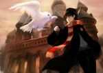  ask_(askzy) bad_id bad_pixiv_id bird brown_eyes brown_hair castle glasses harry_james_potter harry_potter male_focus scarf school_uniform solo striped striped_scarf 