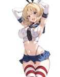  1girl :d absurdres animal_ears armpits arms_up ass ass_visible_through_thighs black_panties blonde_hair blue_eyes blue_sailor_collar blue_skirt braid breasts colorado_(kancolle) commentary_request cosplay elbow_gloves fang gloves highleg highleg_panties highres kantai_collection looking_at_viewer medium_breasts medium_hair navel open_mouth panties pleated_skirt rabbit_ears sailor_collar shimakaze_(kancolle) shimakaze_(kancolle)_(cosplay) shirt simple_background skirt smile solo standing striped_clothes striped_thighhighs thigh_gap thighhighs thighs torisan underwear white_background white_shirt 