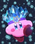  :o black_background blue_eyes blue_gemstone blush_stickers colored_skin commentary copy_ability crystal flower gem headband highres ice ice_kirby jewelry kirby kirby_(series) miclot no_humans parted_lips pink_skin purple_headband red_flower shoes snowflakes snowing solo symbol-only_commentary 