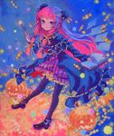  acrylic_paint_(medium) alternate_color ama-tou book candy capelet contrast food halloween highres multicolored_hair muted_color open_book pantyhose patchouli_knowledge pink_eyes pink_hair smile solo touhou traditional_media wand 