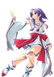  arm_ribbon armpits bangs boots bow canon_(zoids_infinity) detached_sleeves facial_mark forehead_mark full_body green_eyes hair_tubes japanese_clothes looking_to_the_side miko nontraditional_miko outstretched_arm purple_hair ribbon ribbon_trim rokuwata_tomoe sailor_collar sash simple_background solo thigh_ribbon white_background wide_sleeves zoids zoids_infinity 