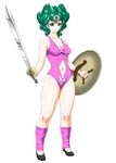  blue_eyes breasts circlet cleavage curly_hair dragon_quest dragon_quest_iv earrings green_hair heroine_(dq4) jewelry leotard medium_breasts pink_leotard pink_leotard_(dq) shield short_hair smile somaria sword weapon 