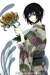  androgynous axis_powers_hetalia bad_id bad_pixiv_id black_hair brown_eyes chrysanthemum flower japan_(hetalia) japanese_clothes kikumon kimono kizuna_(black15) light_smile male_focus solo 