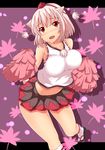  adapted_costume animal_ears armpits blush breasts cheerleader collarbone fang geta hat inubashiri_momiji large_breasts leaf maple_leaf midriff navel oga_raito open_mouth pom_poms red_eyes short_hair silver_hair sleeveless solo tokin_hat touhou white_hair wolf_ears 