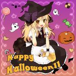 animal_ears bat blonde_hair braid candy candy_cane checkerboard_cookie cookie crescent english fang food ghost halloween happy_halloween hat heart jack-o'-lantern kirisame_marisa lollipop long_hair looking_at_viewer open_mouth pumpkin purin_jiisan purple_background solo swirl_lollipop tail touhou witch_hat yellow_eyes 