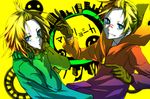  1girl aqua_eyes bad_id bad_pixiv_id blonde_hair brother_and_sister gloves grin hood hoodie kagamine_len kagamine_rin matryoshka_(vocaloid) multicolored multicolored_eyes short_hair siblings smile supaidaman twins vocaloid yellow_eyes 