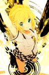  aqua_eyes armpits arms_up blonde_hair boots casual checkered checkered_skirt from_above hair_ornament hairclip kagamine_rin kaze-hime kneeling looking_up ribbon school_uniform serafuku short_hair skirt smile solo tiger_rampage_(vocaloid) vocaloid 