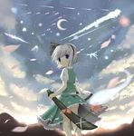  blue_eyes bunchou_(bunchou3103) cloud crescent_moon flower hairband highres hitodama konpaku_youmu konpaku_youmu_(ghost) moon scabbard sheath sheathed short_hair silver_hair sky solo sword touhou weapon 