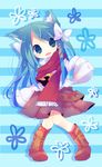  ana_(rznuscrf) animal_ears bad_id bad_pixiv_id blue_hair boots darun-chan full_body no_nose original oversized_clothes red_scarf scarf simple_background skirt sleeves_past_wrists smile solo striped striped_background 