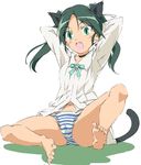  animal_ears arms_behind_head barefoot cat_ears cat_tail face fang feet francesca_lucchini green_eyes green_hair panties solo strike_witches striped striped_panties tail twintails umanosuke underwear world_witches_series 