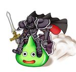  :d armor black_eyes black_knight cape crossover dragon_quest dust fire_emblem fire_emblem:_souen_no_kiseki full_armor gauntlets greaves green_skin helmet holding looking_at_viewer lowres monster open_mouth parody pauldrons purutoppu_(toranohige) riding simple_background slime_knight smile strap sword weapon white_background 