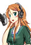  blush fingernails green_eyes haguhagu_(tailstory) hair_ornament hairclip headphones highres jewelry kousaka_kirino long_hair microphone nail_polish necklace open_mouth orange_hair ore_no_imouto_ga_konna_ni_kawaii_wake_ga_nai pink_nails pop_filter simple_background solo studio_microphone 