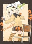  bad_id bad_pixiv_id copyright_request halloween happy_halloween jack-o'-lantern looking_back paint pumpkin school_uniform solo striped striped_legwear thighhighs tiv trick_or_treat 