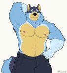 2024 absurd_res anthro armpit_hair australian_cattle_dog bandit_heeler belly blue_body blue_fur bluey_(series) body_hair canid canine canis cattledog clothed clothing digital_media_(artwork) domestic_dog fur herding_dog hi_res luner96_(artist) male mammal navel nipples partially_clothed pastoral_dog smile solo