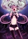  fang floating_hair full_moon halloween hatsune_miku highres long_hair moon navel neon_trim night open_mouth short_shorts shorts solo tattoo thighhighs twintails vampire vocaloid zorim 