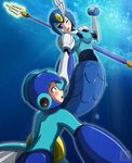  1girl ;d android arm_grab blue blue_background blue_eyes blush breasts covered_nipples elbow_gloves energy_tank eye_contact gloves helmet light_rays looking_at_another medium_breasts mermaid monster_girl one_eye_closed open_mouth polearm robot rockman rockman_(character) rockman_9 smile splash_woman sunbeam sunlight ticktank trident underwater weapon 