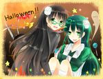  :d bad_id bad_pixiv_id black_hair candy cross food ghost glasses green_eyes green_hair halloween hinasora_azuki lollipop long_hair multiple_girls niounomiya_izumu niounomiya_rizumu open_mouth smile star straitjacket tongue zaregoto_series 