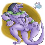 2018 anthro balls biceps big_penis blue_tongue bracelet claws collar crocodile crocodilian crocodylid daikuhiroshiama deity digital_media_(artwork) egyptian_mythology erection foreskin genitals hair hi_res jewelry long_penis looking_at_viewer male middle_eastern_mythology muscular muscular_anthro muscular_male muscular_thighs mythology non-mammal_balls nude pecs penis purple_body reptile scalie simple_background sitting sobek sobek_(the_cluefinders) solo tail teeth the_cluefinders tongue